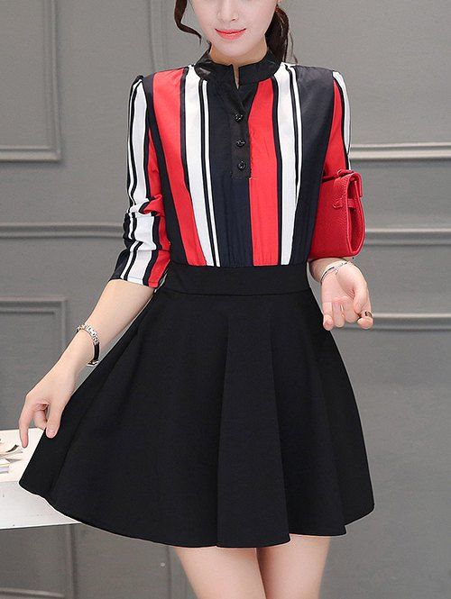 

Colorful Striped Patchwork Swing Dress, Red