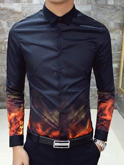 Chemise moulante imprimée de flamme ,à manches longues ,col pointu - Noir 3XL