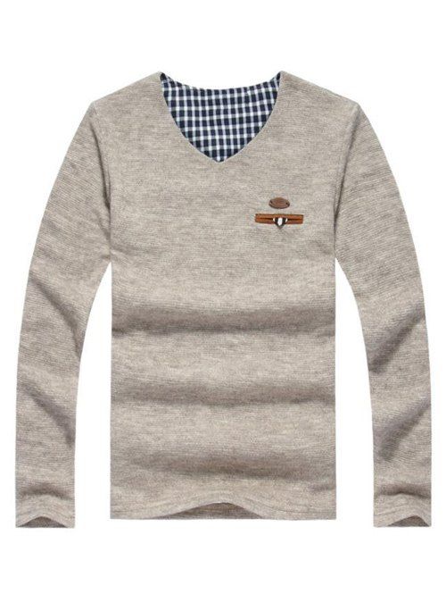 

V-Neck Long Sleeve Plaid Splicing Sweater, Beige