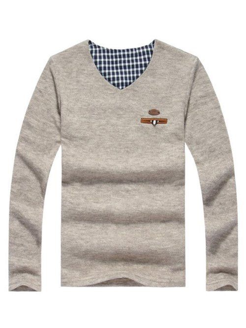 V-cou à manches longues Plaid Splicing Sweater - Beige L