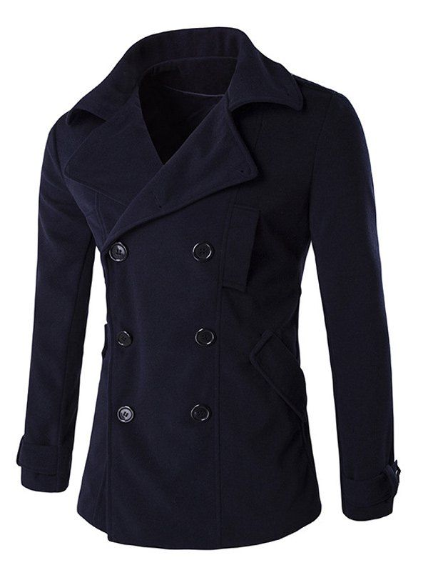 

Back Vent Button Tab Cuff Epaulet Design Pea Coat, Cadetblue