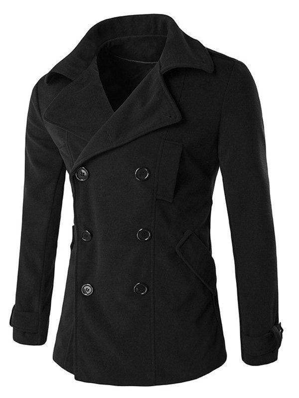 

Back Vent Button Tab Cuff Epaulet Design Pea Coat, Black