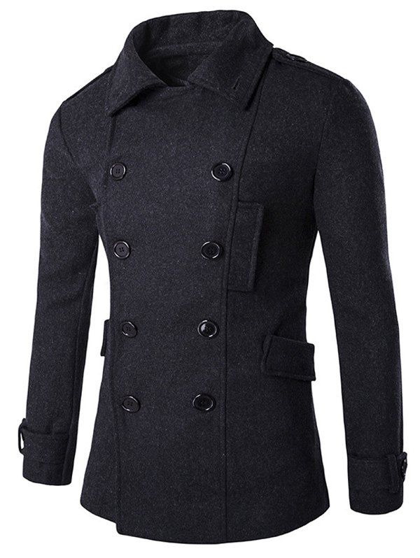 

Back Vent Button Tab Cuff Epaulet Design Pea Coat, Deep gray