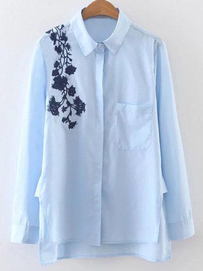 

Side Slit Floral Embroidered Shirt, Blue