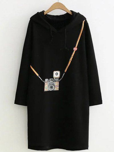 Hooded Imprimer Robe Taille Plus - Noir XL