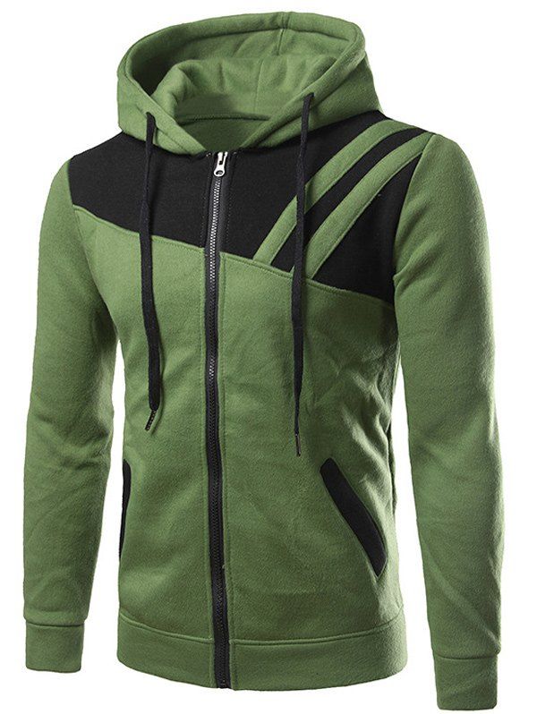 

Zippered Contrast Paneled Drawstring Two Tone Hoodie, Green
