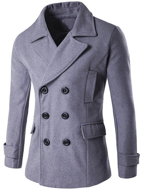 

Lapel Double Breasted Spliced Wool Blend Coat, Gray