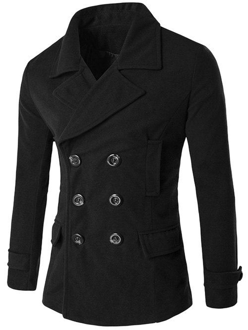 

Lapel Double Breasted Spliced Wool Blend Coat, Black