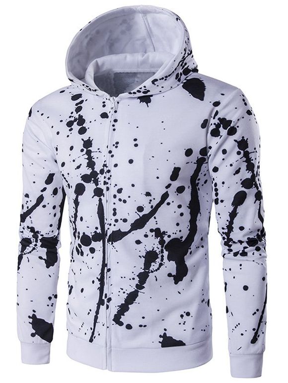 Sweatshirt à Capuche Manches Longues Imprimé Éclaboussure d'Encre avec Fermeture Éclair - Blanc M