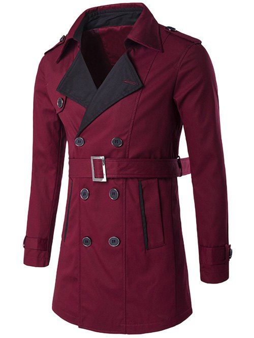 

Double Breasted Notched Collar Color Block Trench Coat, Wine red