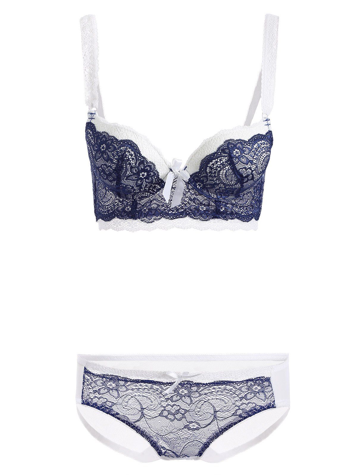 

Lace Spliced Embroidered Bowknot Bra Set, Blue