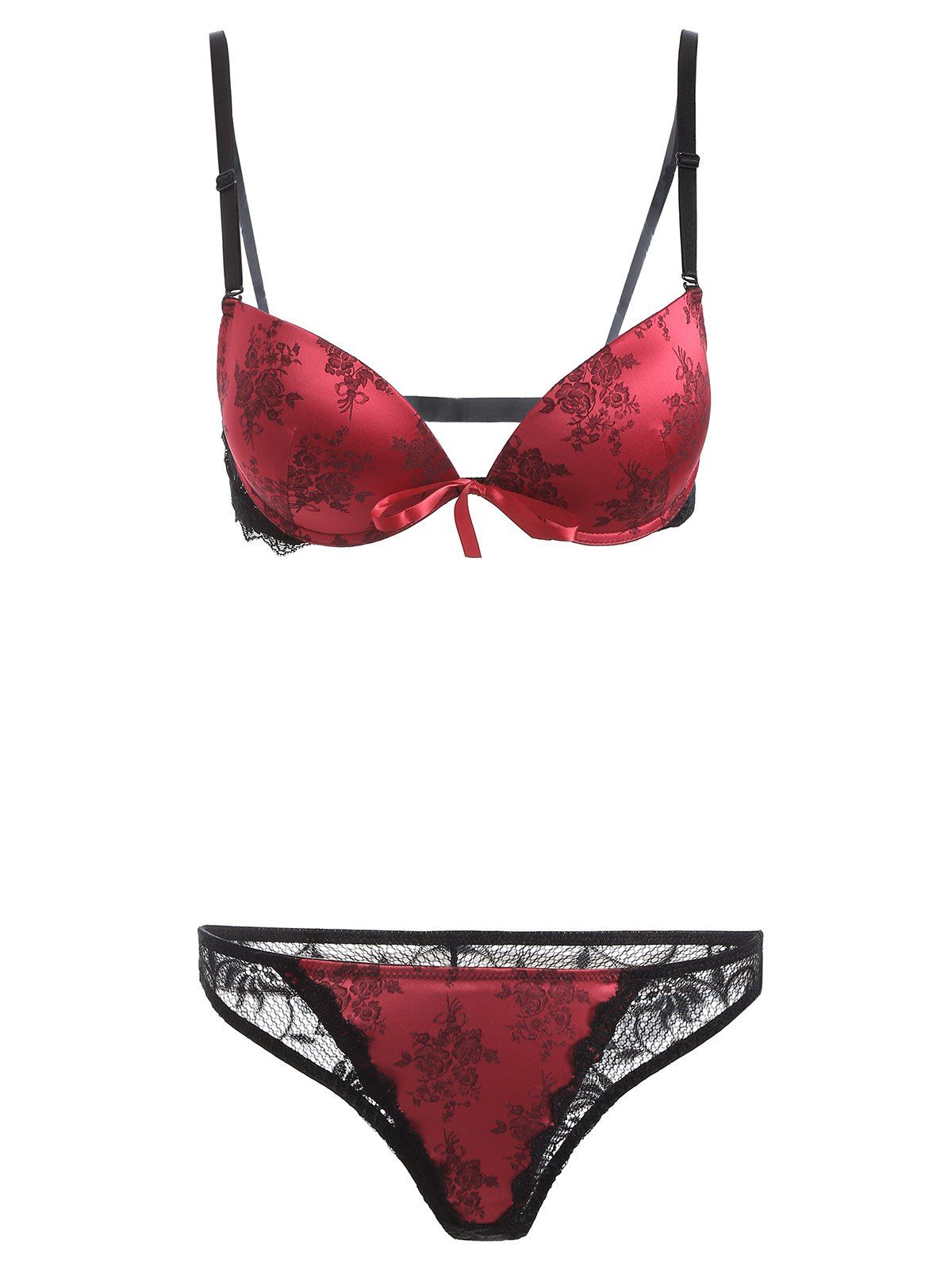

Bowknot Embroidered Bra Set, Red