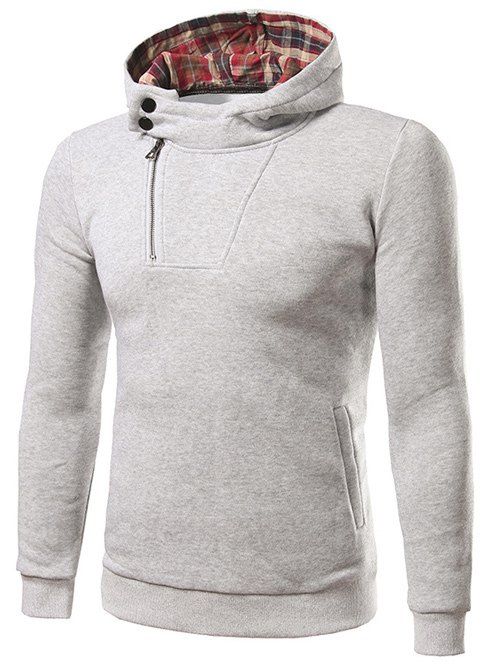

Side Zip Up Plaid Lined Pullover Hoodie, Light gray