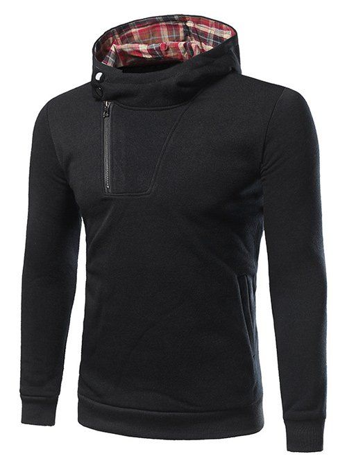 

Side Zip Up Plaid Lined Pullover Hoodie, Black