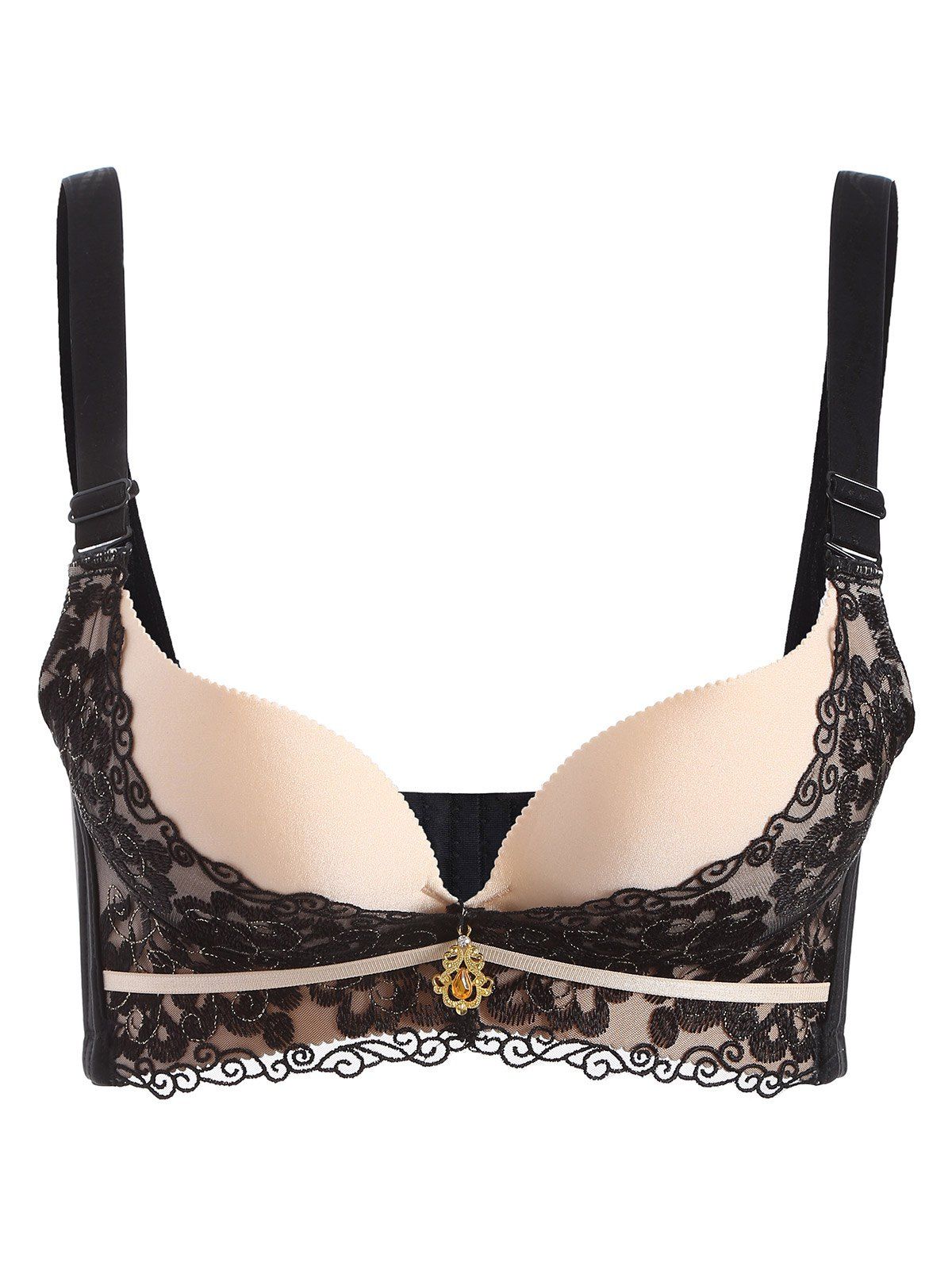 

Lace Spliced Embroidered 3D Bra, Black