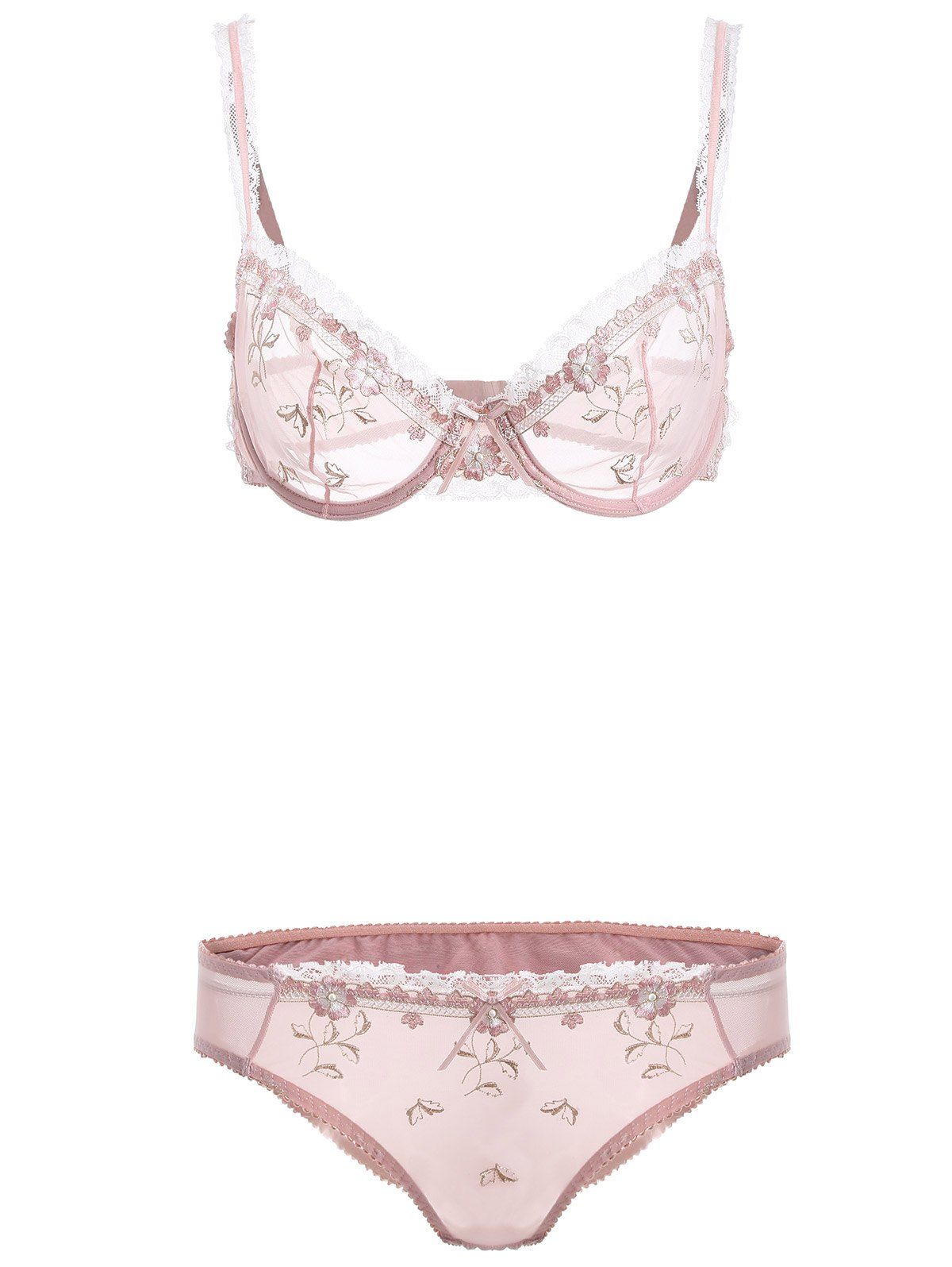

See-Through Bowknot Lace Bra Panty Set, Pink