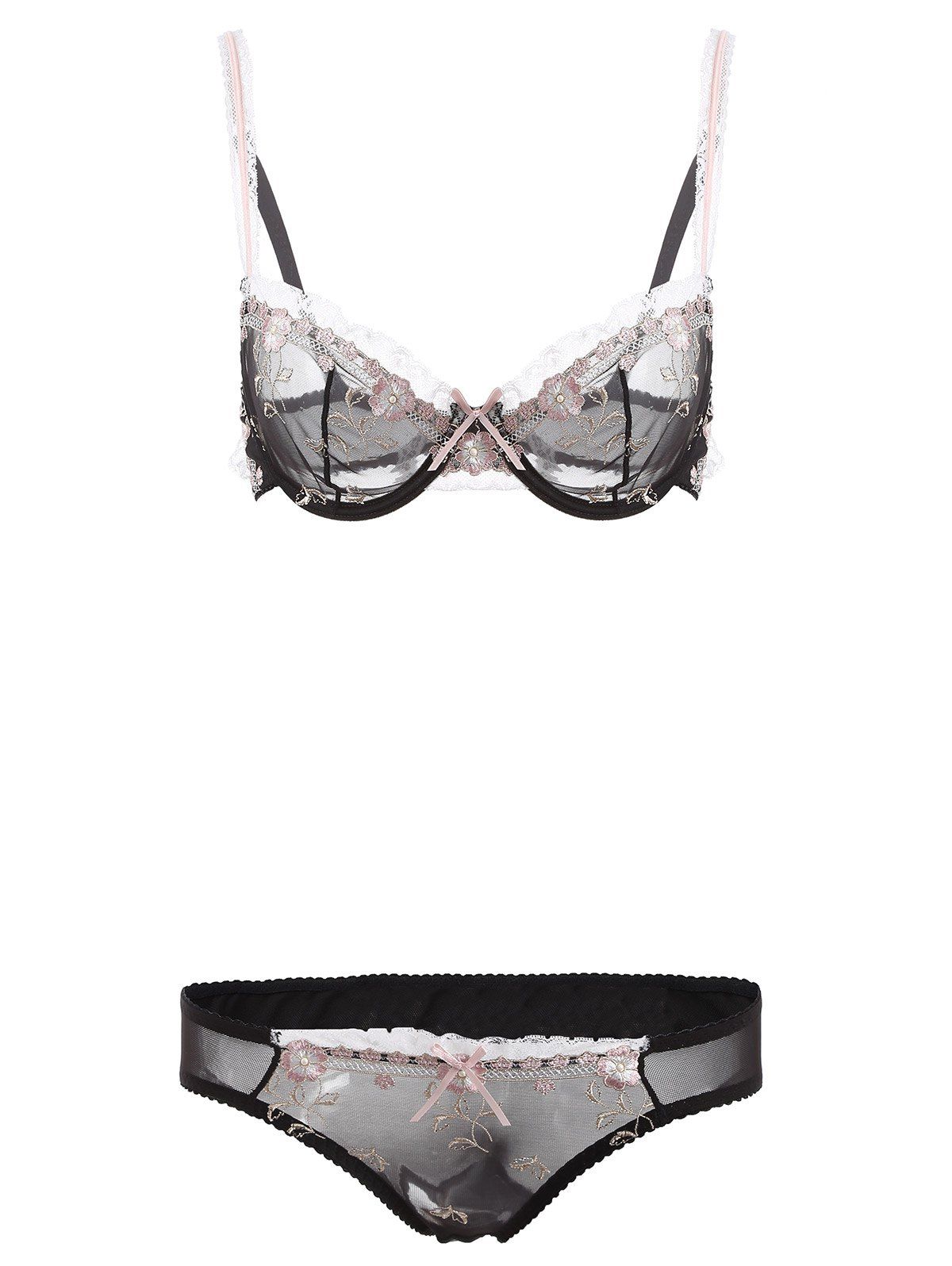 

See-Through Bowknot Lace Bra Panty Set, Black