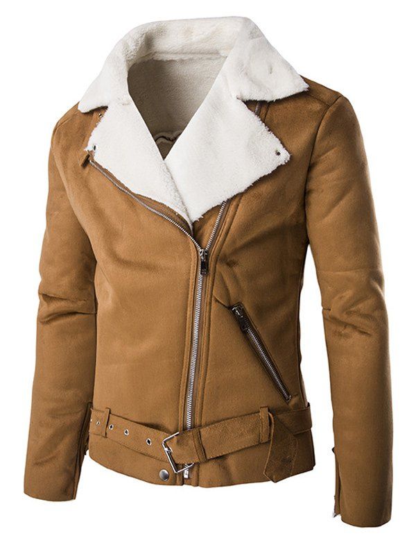 

Plush Lining Buckle Belt Zippered Suede Jacket, Brown