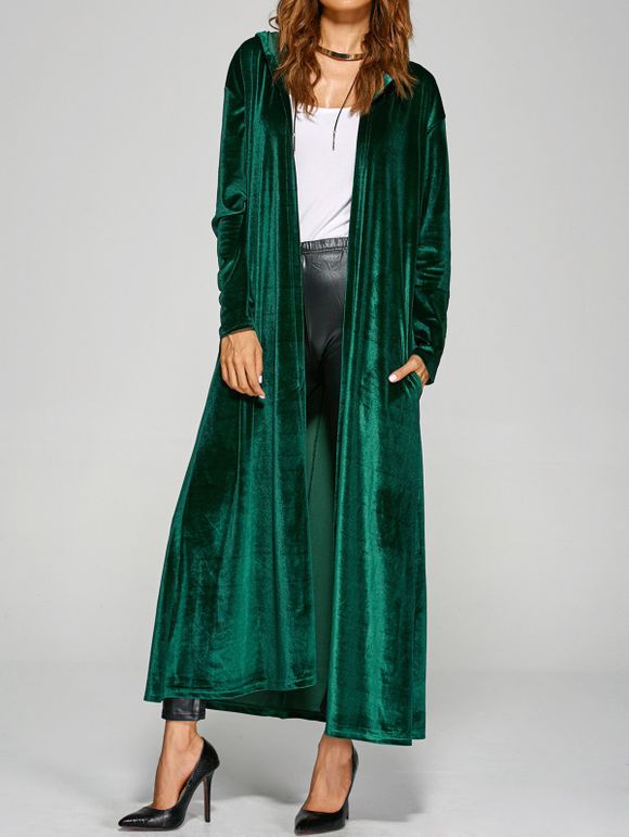 Manteau long velours à capuche embelli poches - Vert ONE SIZE