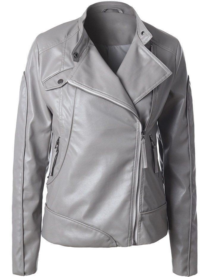 

Inclined Zipper Faux Leather Biker Jacket, Gray