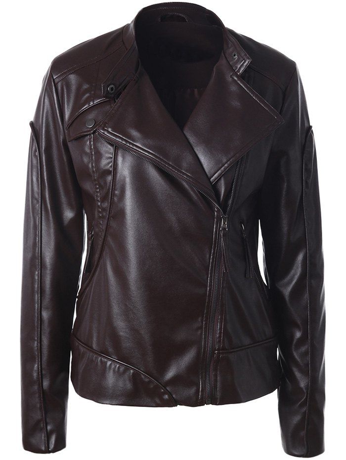 

Inclined Zipper Faux Leather Biker Jacket, Coffee