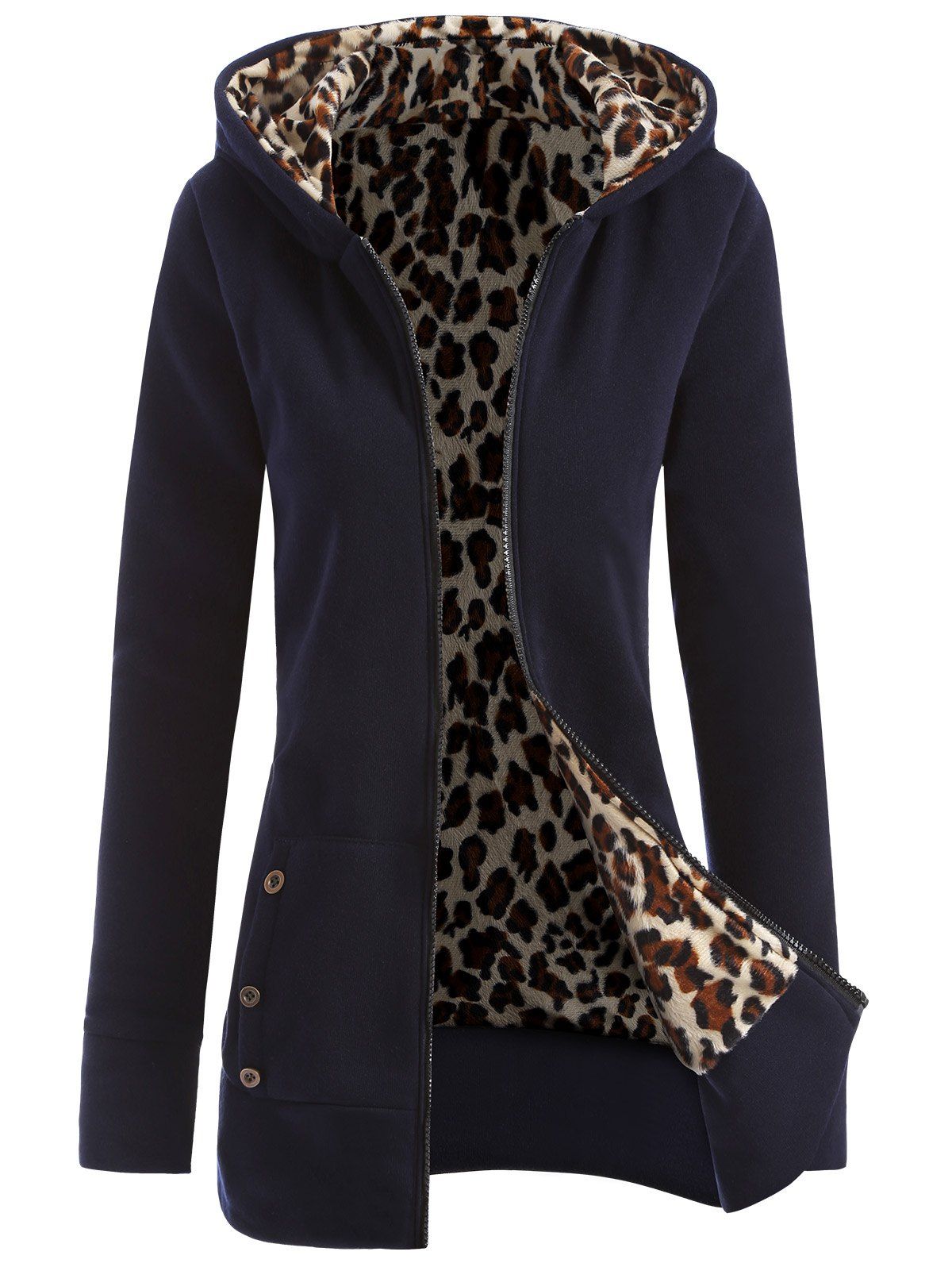 

Zipper Fly Thicken Leopard Pattern Hoodie, Purplish blue