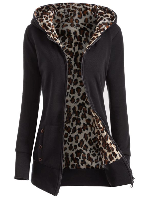 Veste épaisse à capuche à motif léopard avec zip - Noir M