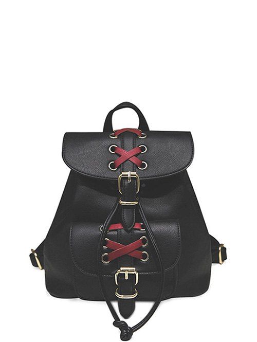 Buckles Criss-Cross Eyelet PU Leather Backpack - BLACK 