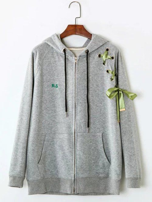 Ribbon Lace Front Pocket Up Zipper Hoodie - Gris ONE SIZE