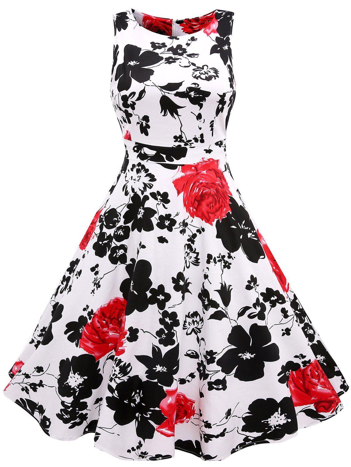 [41% OFF] 2021 Sleeveless Flower Print Flare Dress In RED | DressLily