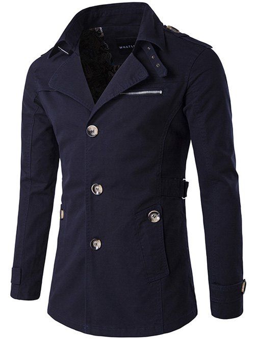 

Single Breasted Zipper Pocket Epaulet Wind Coat, Purplish blue