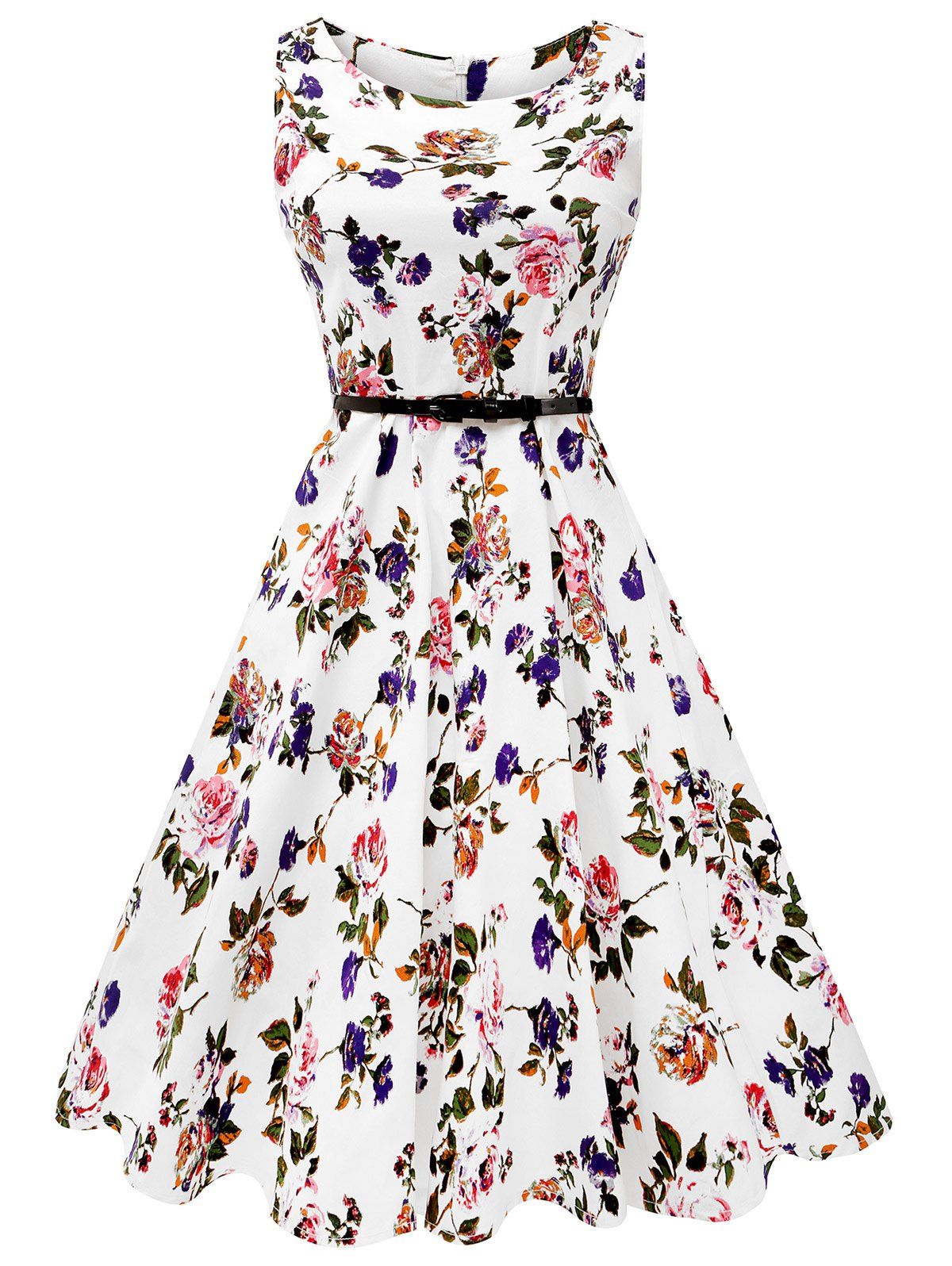 [41% OFF] 2021 Sleeveless Flower Print Belted Flare Dress In COLORMIX ...