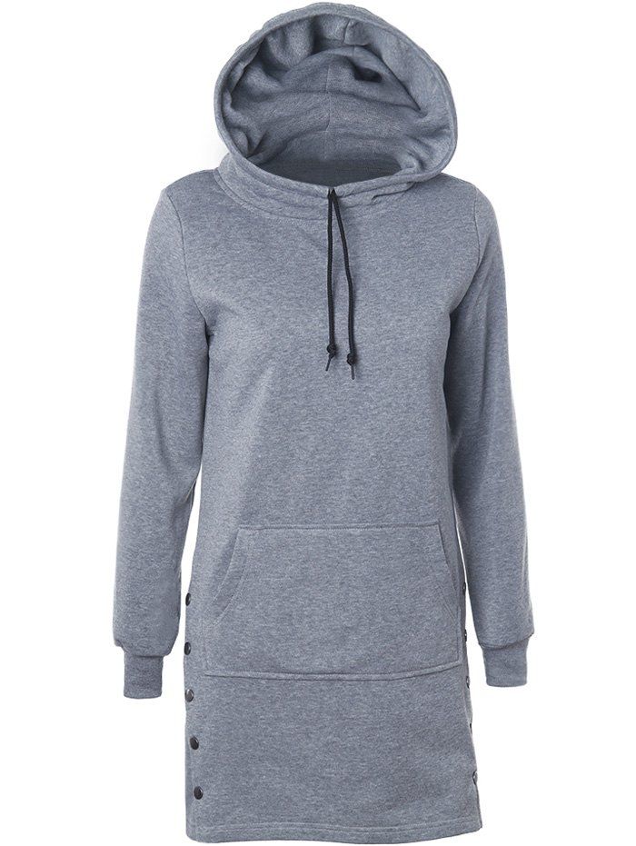 

Drawstring Side-Buttoned Hoodie, Gray