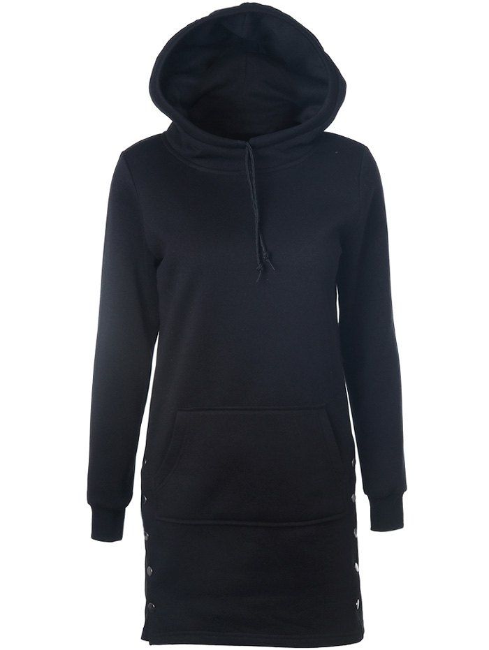 

Drawstring Side-Buttoned Hoodie, Black