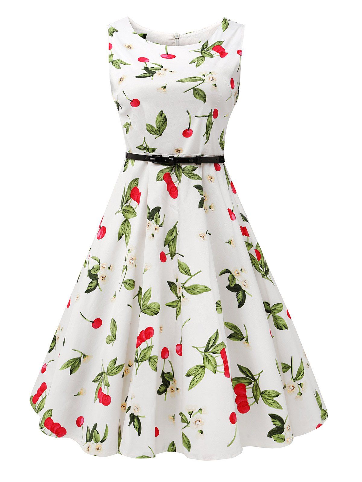 Sleeveless Cherry Print Belted Flare Dress - COLORMIX 2XL