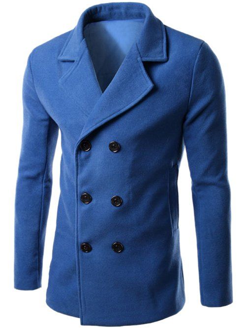 Col à revers double boutonnage en laine mélangée Manteau - Bleu M