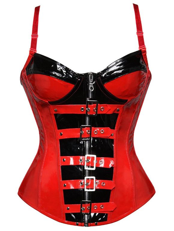 Spaghetti Strap Zip Up Faux cuir Corset - Rouge S