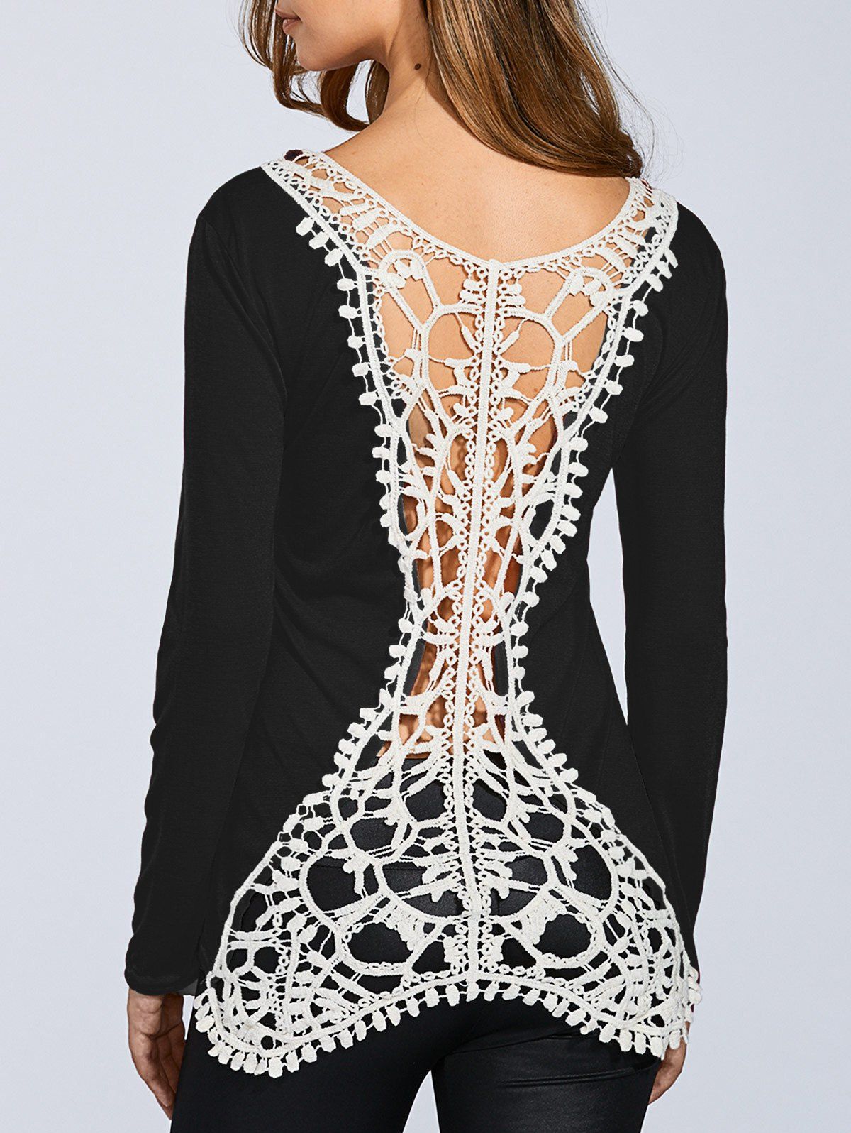 

Round Neck Long Sleeve Hook Flower Spliced T-Shirt, Black