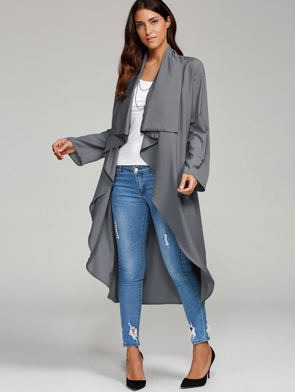 Manteau long effet cascade à ceinture - Cendre L