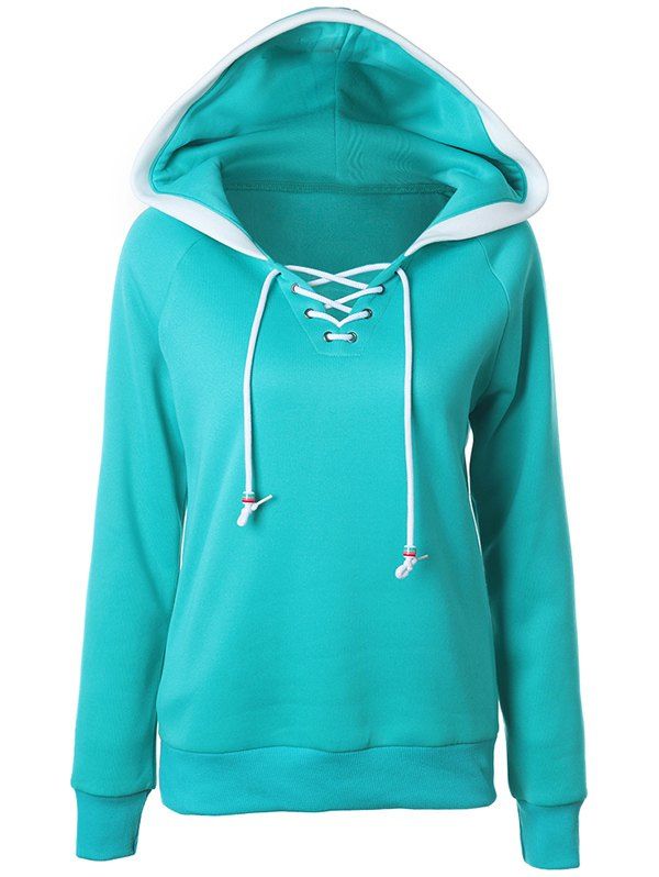 

Casual Raglan Sleeve Lace Up Pullover Hoodie, Green