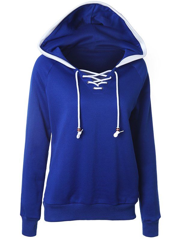 

Casual Raglan Sleeve Lace Up Pullover Hoodie, Deep blue