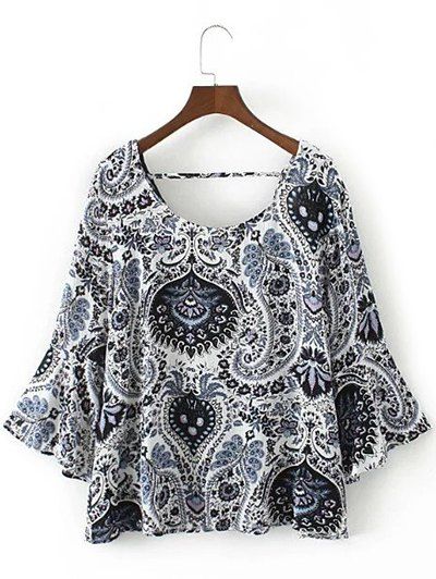 

Flare Sleeve Vintage Printed Blouse, Blue