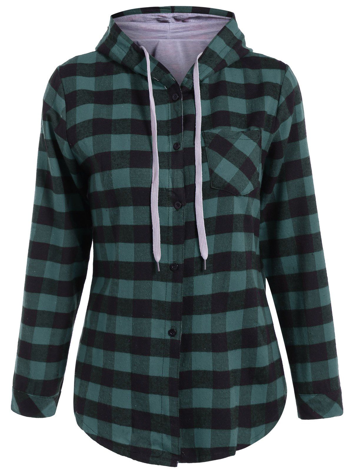 

Plaid Pocket Design Buttoned Hoodie, Black and green