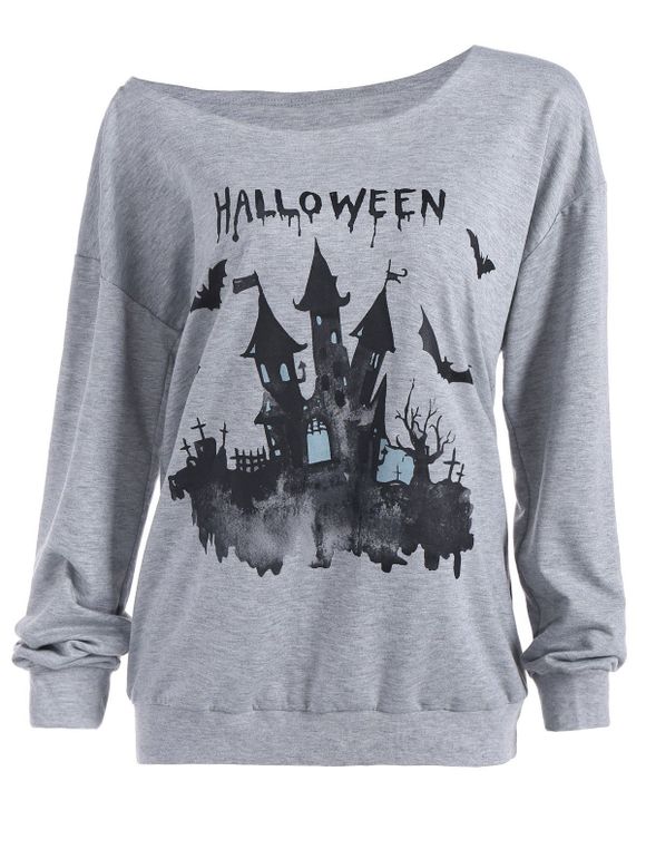 Casual Skew Neck Halloween Pullover Sweatshirt - GRAY XL