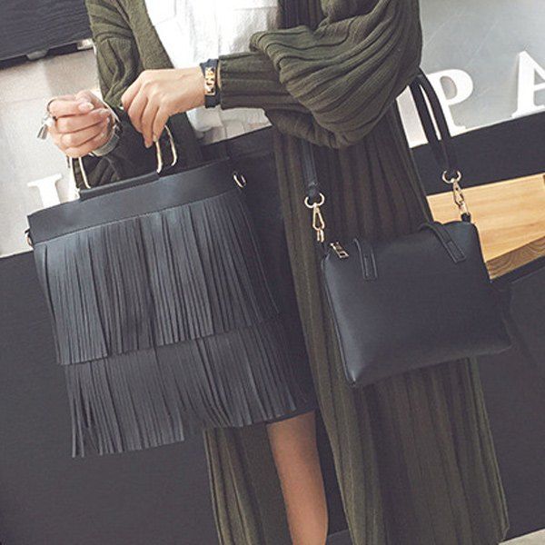 

Metal PU Leather Multilayer Fringe Tote Bag, Black