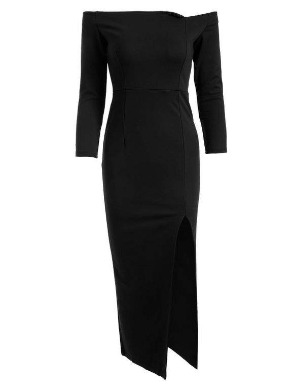 Off The Shoulder High Slit Plain Dress - BLACK L