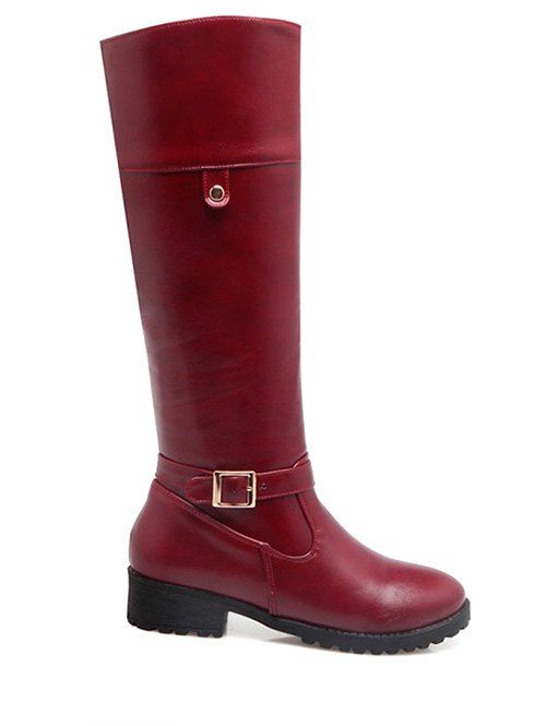 

Chunky Heel Zipper Buckle Knee-High Boots, Wine red