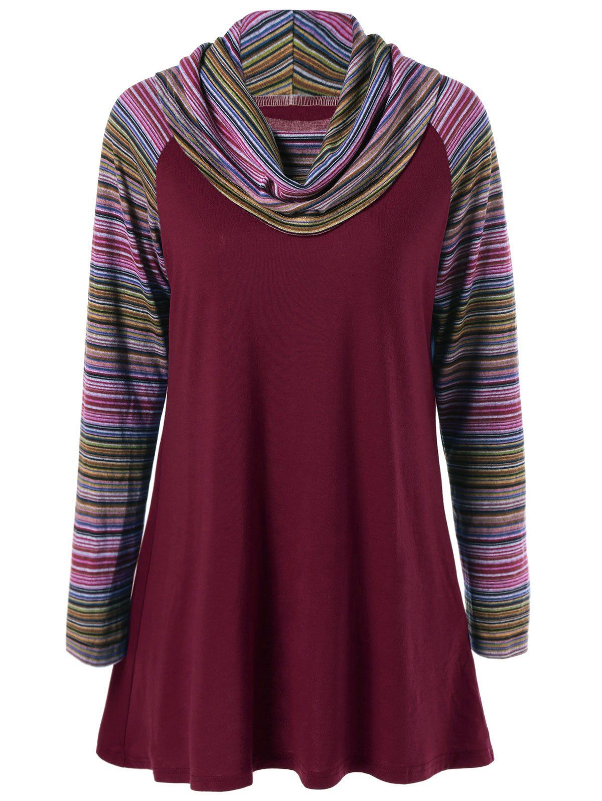 

Cowl Neck Colorful Striped T-Shirt, Wine red