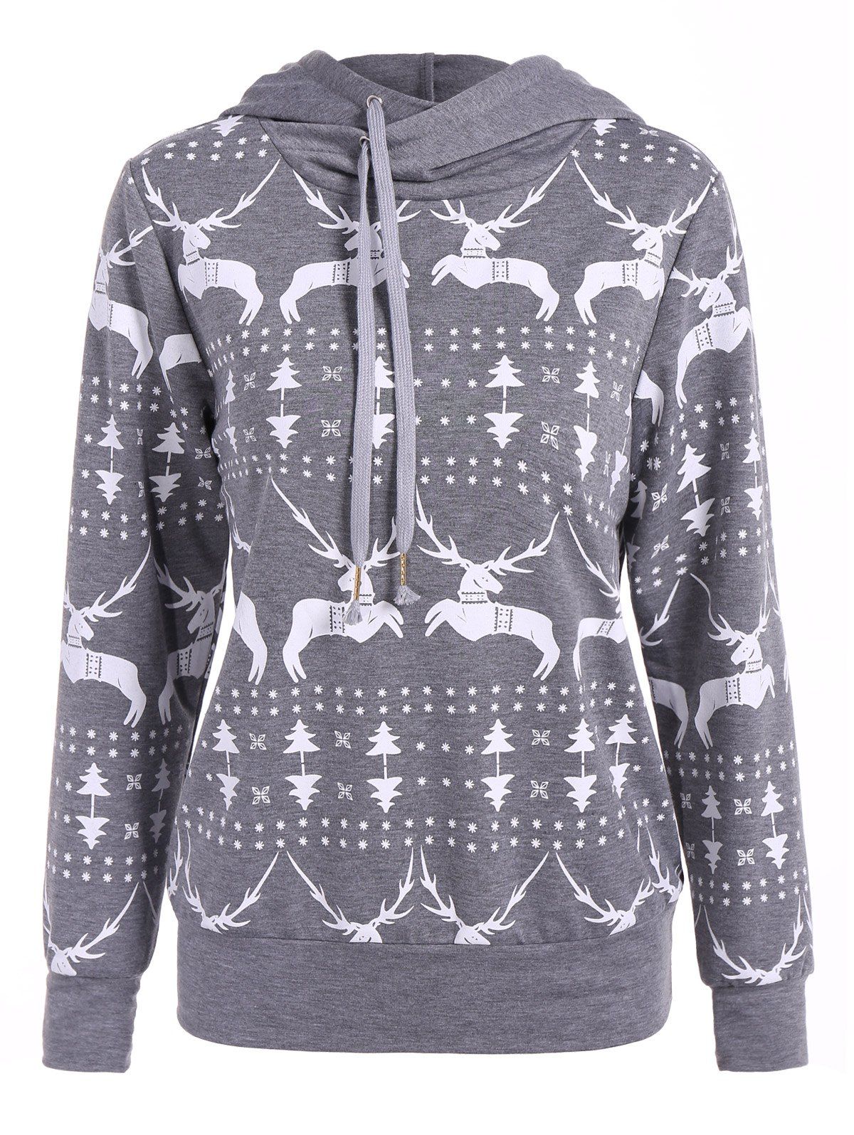 Long Sleeve Elk Print Christmas Pullover Hoodie - GRAY XL
