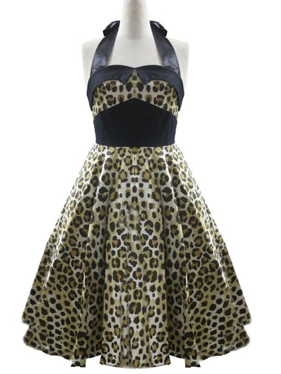 High Waisted Leopard Halter Swing A Line Dress - Jaune clair M
